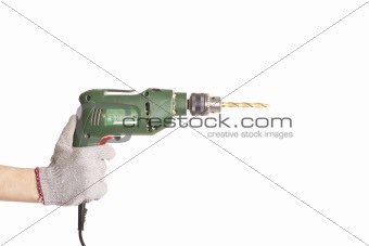 Man's right hand handling an electric drilling machine