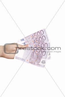 Male hand holding four 500 euro notes isolated on pure white