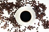 coffee cup and coffee beans on white background