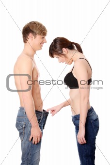 Girl looking in mens pants