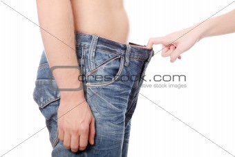 Girl looking in mens pants.