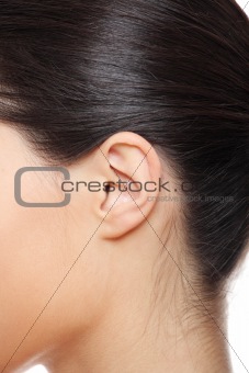 Young caucasian woman ear.