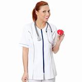 Female doctor with stethoscope holding heart.