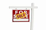 Red Sold For Sale Real Estate Sign Isolated on a White Background with Clipping Path.