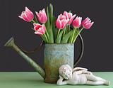 Tulips in Watering Can with Cherub