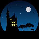 Old castle and deer in moonlight