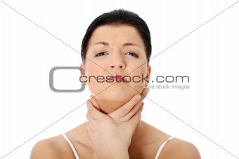 Young woman touching her throat. 
