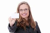 Businesswoman holding blank empty business card.