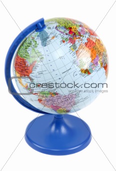 Globe on blue stand insulated on white background