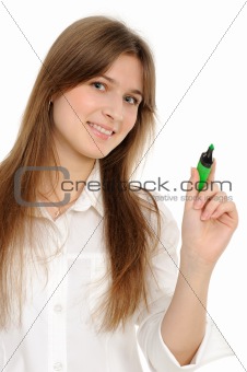 woman drawing something on screen with a pen 