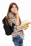  girl with a backpack, holds the book