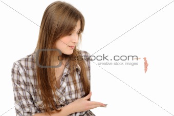 young woman holding empty white board,