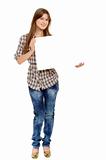 young woman holding empty white board,