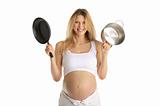 happy pregnant woman with cooking utensils