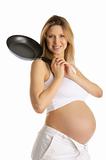 happy pregnant woman with  frying pan