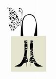 Fashion design of female boots with floral ornament, shopping bag