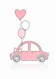 Pink female car with floral ornament and balloons for your design