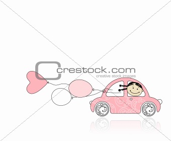 Smiling girl behind wheel pink car for your design