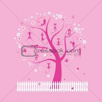Funny cats on spring tree for your design