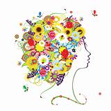 Female profile, floral hairstyle for your design