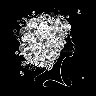 Female profile silhouette, floral hairstyle for your design