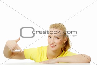 Happy woman pointing something
