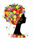 Female profile silhouette, hairstyle with fruits for your design