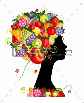 Female profile silhouette, hairstyle with fruits for your design