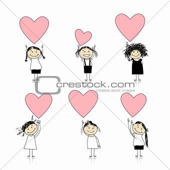 Cute girls with valentine hearts for your design