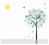 Floral tree beautiful for your design, birds on fence