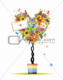 Summer floral tree, heart shape in pot for your design