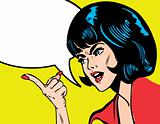 portrait of angry woman pointing over background speech bubble c