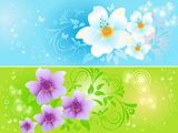 two multi-coloured floral banners