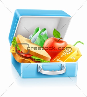lunch box with sandwich apple and juice