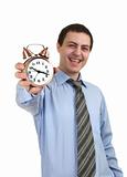 businessman with an alarm clock in a hand.