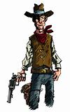 Cartoon cowboy gunslinger draws his six shooter