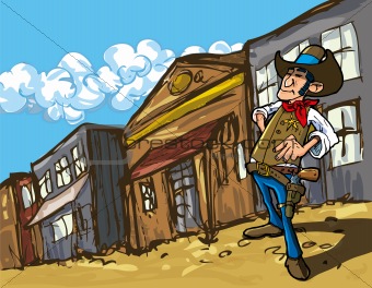 Cartoon cowboy in a western old west town
