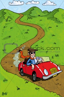 Cartoon man driving his red sportscar