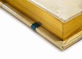 Close up of a golden colored journal on white