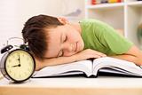 Boy fallen asleep on his book while studying
