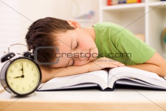 Boy fallen asleep on his book while studying