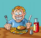 Cartoon boy eating a hamburger and fries