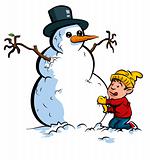 Cartoon boy building a snowman