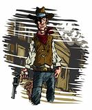 Cowboy gunslinger draws his six shooter