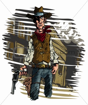 Cowboy gunslinger draws his six shooter