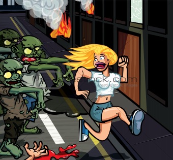 Cartoon Zombies chasing terrified young woman