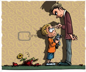 Cartoon of little boy being scolded by his dad