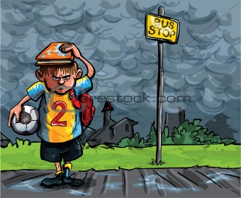 Cartoon of schoolboy caught in the rain