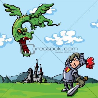 Cartoon knight attacked by a dragon