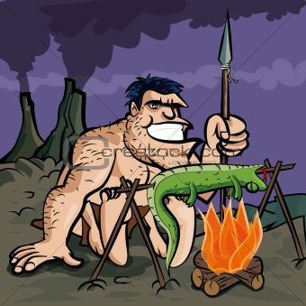 Caveman cooking a lizard over an open fire